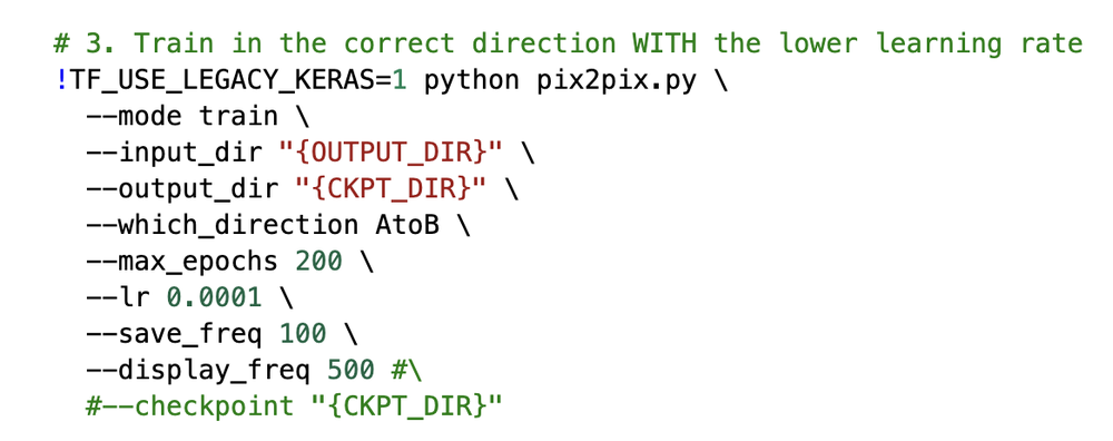 A terminal showing the pix2pix training command with flags: mode train, which_direction AtoB, max_epochs 200, lr 0.0001, save_freq 100, display_freq 500.