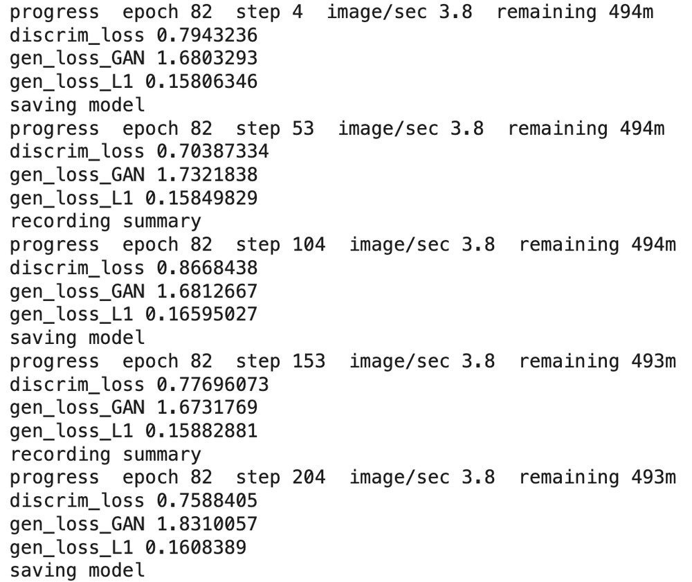 Training log output showing epoch 82, discriminator loss around 0.8, generator GAN loss around 1.7, and L1 loss around 0.16, saving model at intervals.